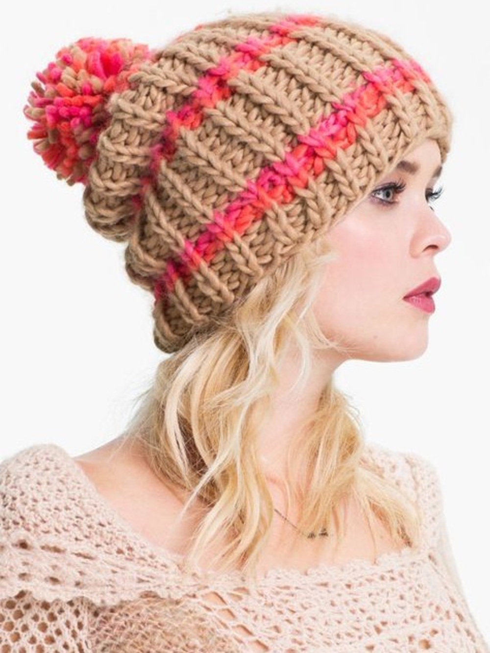 Free People tan brown pink orange striped slouchy pom pom beanie one size